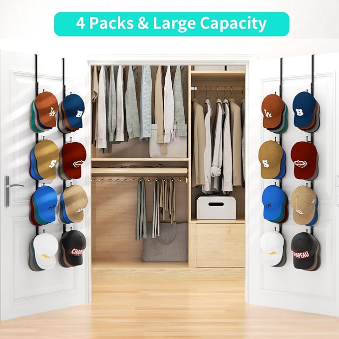 HapiRm Over Door Hat Rack - 4 Packs Metal Hanging Hat Organizer with 16 Hooks Design, Baseball Cap Hanger Organizer Storage Holds up to 80 Caps for Door, Bedroom, Closet-NeatNest