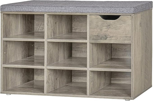 DINZI LVJ Shoe Bench, Entryway Storage Bench with Drawer and 8 Cubbies, Cubby Shoe Rack with Adjustable Shelves, Shoe Organizer Cabinet for Living Room, Bedroom, Mudroom, Closet and Garage, Grey Wash-NeatNest