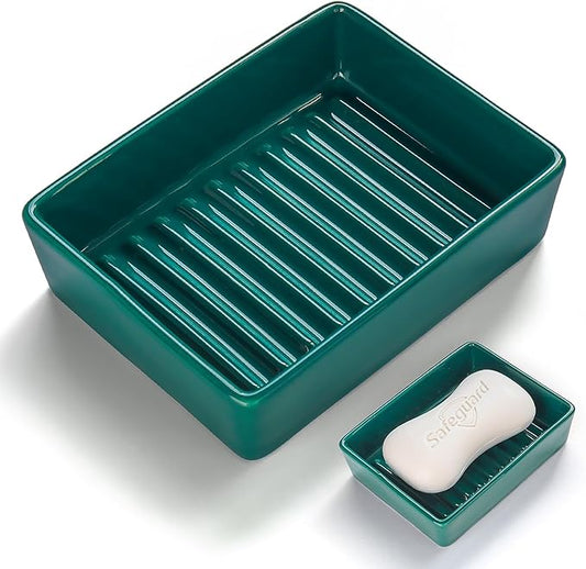 Green Soap Dish，Ceramic Soap Dishes for Sink Bathroom Shower Kitchen, Easy to Clean Keeps Soap Dry, Multi-Purpose Non-Slip Soap Tray (Dark Green)-NeatNest