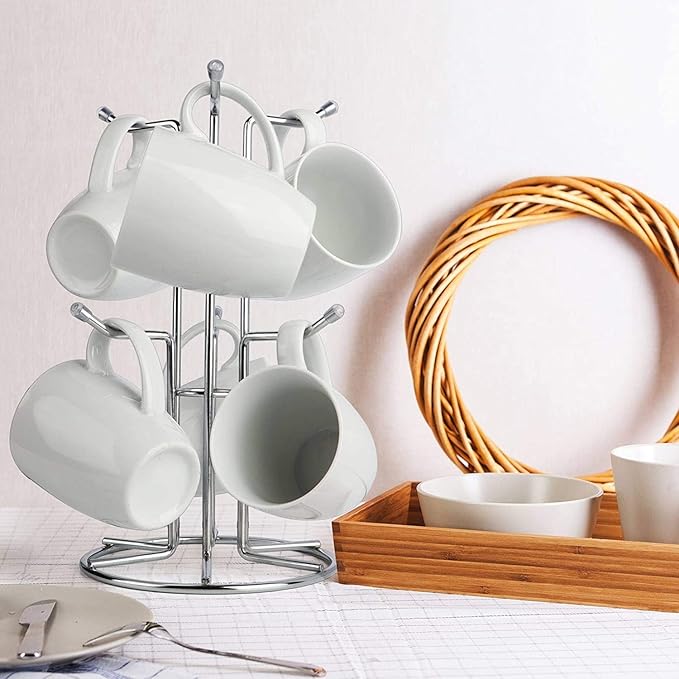 HULISEN Coffee Mug Holder for Countetop, Cup Tree for Counter Large Mugs with 6 Hooks, Metal Cup Holder Stand, Standing Rack Display for Coffee Bar, Silver-NeatNest