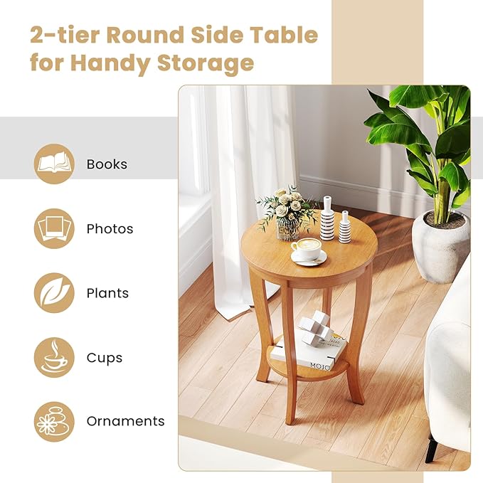 GOFLAME 2-Tier Round End Table Set of 2, 18” Sofa Side Table with Storage Shelf, Floor Tea Tables with Solid Wood Legs, Compact Nightstand for Small Space, Living Room, Bedroom, Light Brown