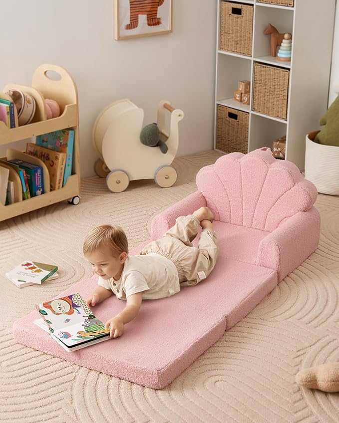 Blissful Diary Kids Couch, 2-in-1 Soft Toddler Couch Fold Out, Toddler Chair Comfy, Convertible Sofa to Lounger, Kids Furniture for Playroom, Gift for Birthday, Children's Day, Pink Shell-NeatNest