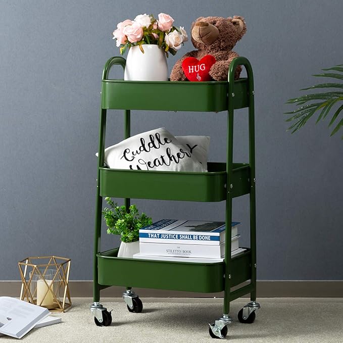 AGTEK Makeup Cart, Movable Rolling Organizer Cart, Bluish Green 3 Tier Metal Utility Cart-NeatNest