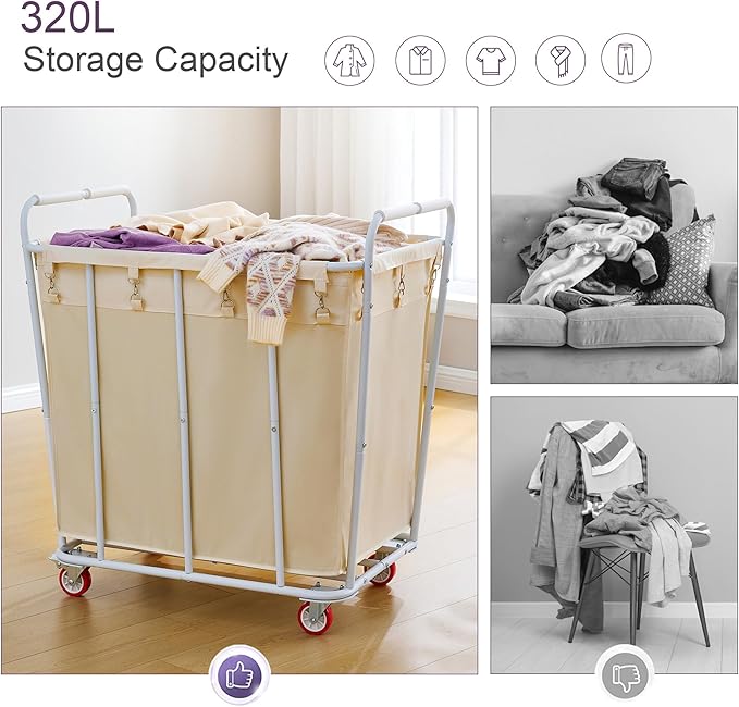 Hoctieon Large Laundry Cart with Wheels, 400L Heavy Duty Laundry Basket Organizer, Rolling Hamper Sorter for Clothes Storage, Industrial Dirty Clothes Hamper for Home & Hotel, Beige-NeatNest
