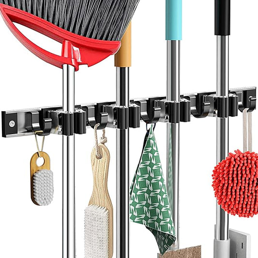 Mop and Broom Holder Wall Mount Metal Heavy Duty Utility Hooks Broom Organizer Garage Storage Systems Tool Racks for Home Laundry Garden Kitchen Organization (Black, 1 Pack 4R5H)-NeatNest