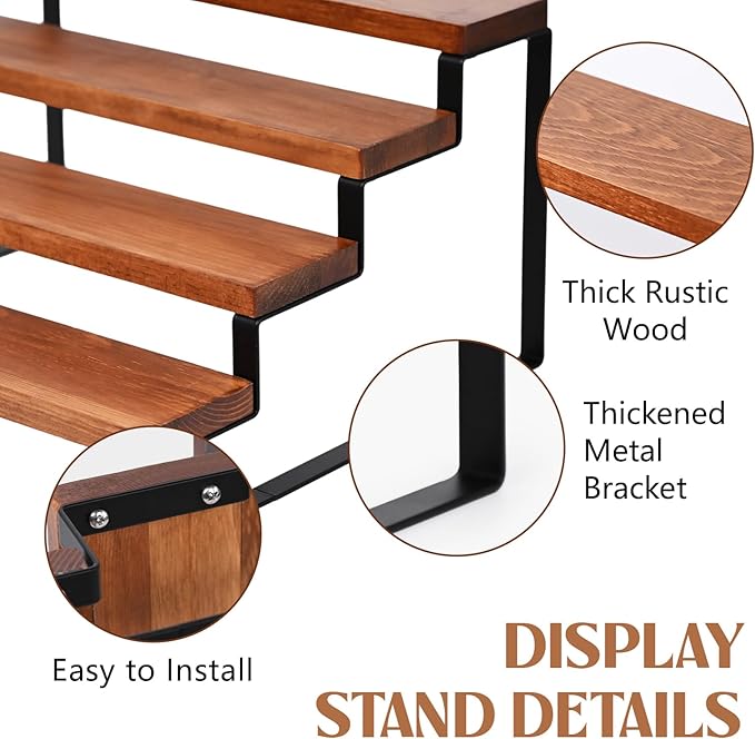 4 Tier Wooden Display Riser Stand Perfume Organizer with Metal Stand, Dessert Table Display Set, Food Display Stands for Party, Brown Rustic Solid Wood Shelf for Cupcakes, Perfume, Cologne, Spiece-NeatNest