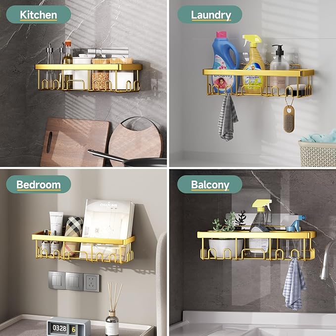 Veken Adhesive Shower Caddy 6-Pack,Gifts for Women Mom,Heavy Weight Bearing,Large Wall Mounted Bathroom Shelves Rack,Organizer Storage Accessories with Soap Dish&Toothbrush Holder,Bright Gold-NeatNest