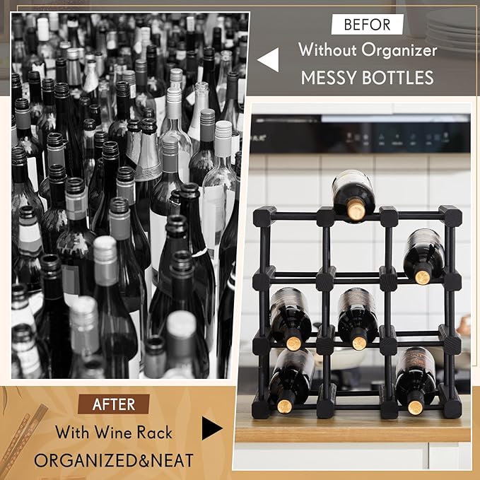 Juexica 1 Pcs 12 Bottles Wooden Wine Rack for Inside Cabinet Stackable Countertop Modular Wine Storage Rack DIY Assembly Bottle Holder for Cellar (Black Color)