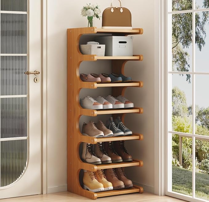 7-Tier Vertical Shoe Rack, Bamboo Free Standing Shoe Rack Shelf, Shoe Storage Stand, Entryway Shoe Tower, Vertical Shoe Organizer for Narrow Closet, Entryway, Hallway, Rustic Brown (16")-NeatNest