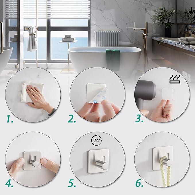 4 Pack Adhesive Stainless Steel Wall Hooks - Heavy Duty, Waterproof, Towel & Robe Hooks