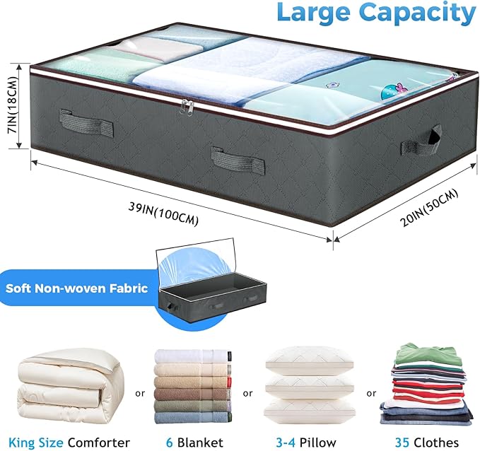 Budding Joy 90L Under Bed Storage Containers, Closet Organizers and Storage Bins, Foldable Underbed Storage Bags for Blanket, Clothing, Comforter, Sweaters, Pillows, Linen Sheets, Wrapping Paper, Grey-NeatNest