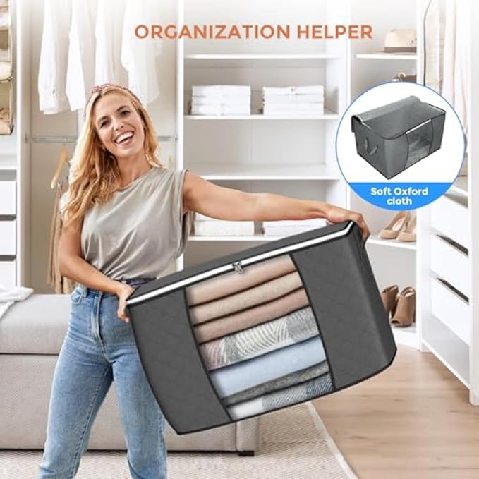 90 L Large Storage Bags, 6 Pack Clothes Storage Bins Foldable Closet Organizers Storage Containers with Reinforced Handle for Clothing, Blanket, Comforters, Bed Sheets, Pillows and Toys (Gray)-NeatNest