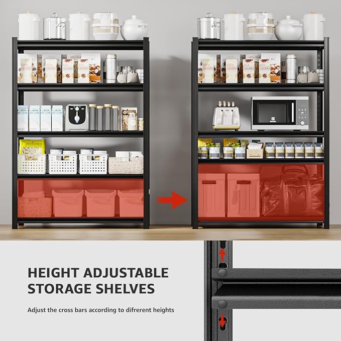 5 Tier Metal Shelving Unit, 72" H x 48" W Adjustable Storage Shelves, Heavy Duty Garage Shelves for Warehouse, Basement, Kitchen, Pantry, Living Room, 2500LBS, Black, 18" D-NeatNest