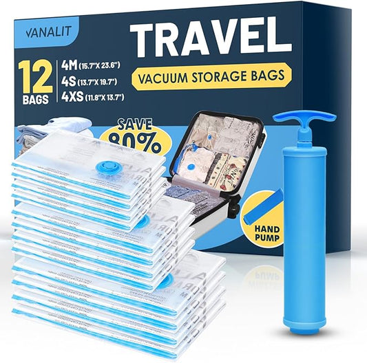 Travel Vacuum Storage Bags with Hand Pump, 12 Pack (4M+4S+4XS) Vacuum Seal Bag Travel Essentials Space Saving Bags for Clothes, Luggage, Carry-on Suitcase, Backpack, Holiday Business Trip-NeatNest