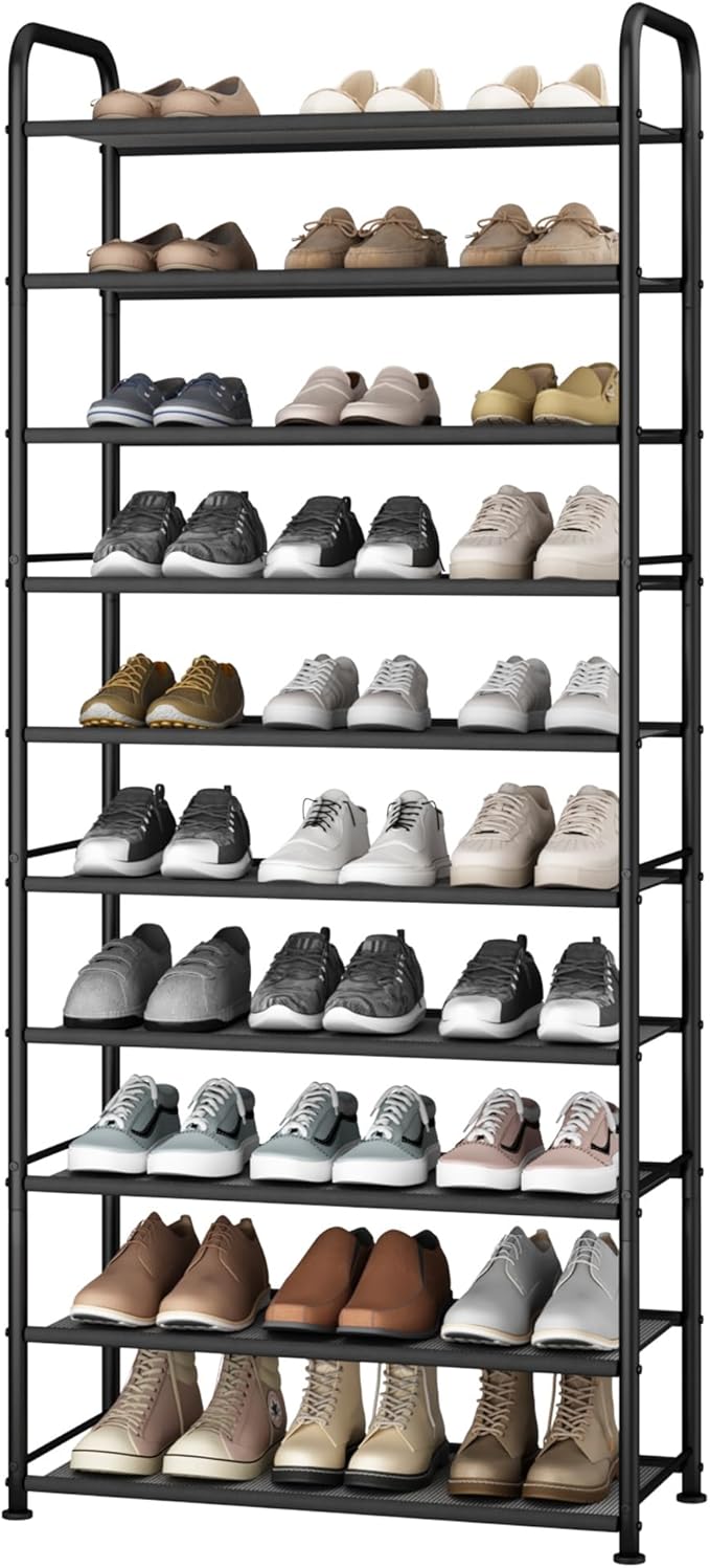 STO STO 10-Tier Shoe Rack with Sturdy Mesh Shelves, Tall Metal Shoe Organizer for Entryway, Closet, Garage, Front Door, Holds 30 Pairs, Free Standing Large Shoe Storage Shelf, Adjustable Feet, Black-NeatNest