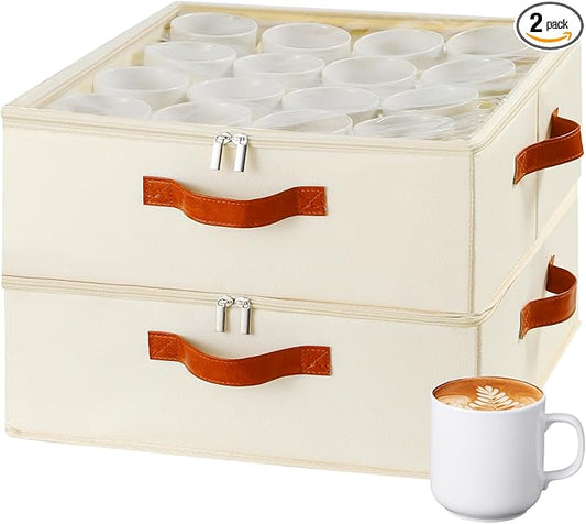 2 Pack Cup and Mug Storage Box with Dividers and Hard Shell, Stackable Coffee Cup Storage Organizer with Lid, Zipper, and Handles for Coffee Mugs, Cups, Glasses, Stemware Storage Containers for Moving-NeatNest