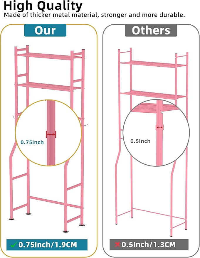 3-Tier Over The Toilet Storage, Freestanding Metal Bathroom Shelves with 4 Hooks, Over Toilet Storage Shelf with Paper Holder, Above The Toilet Shelf for Bathroom Storage, Pink-NeatNest
