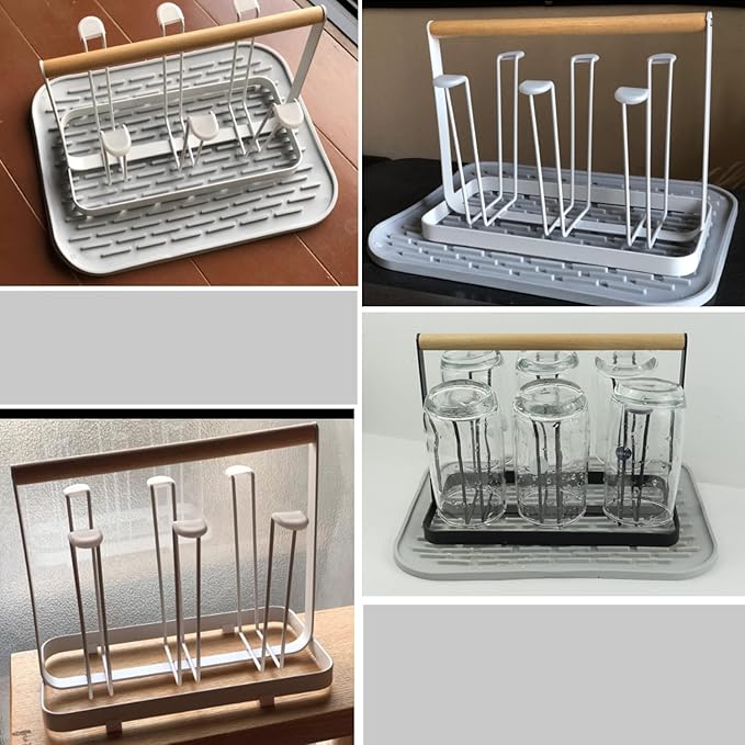 Cup Drying Rack Stand, 6 Cup Metal Drainer Holder Rack Non-Slip Mugs Cups Organizer with Wood Handle, White-NeatNest