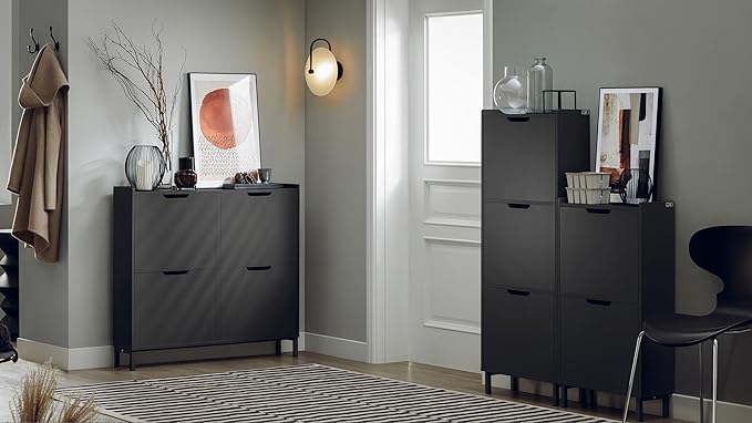 Haotian Black Shoe Cabinet with 4 Flip-Drawers, Narrow Freestanding Shoe Rack, Slim Shoe Organiazer Entryway, FSR100-W, 7.5" D x 39.4" W x 35.6" H