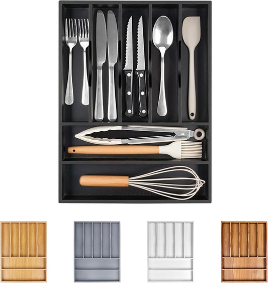 Bellsal Bamboo Silverware Drawer Organizer, Utensil Kitchen Drawer Organizer, Utensil Holder Cutlery Tray with Grooved Drawer Dividers for Kitchen Utensils and Flatware Bedroom Office (7 Slot, Black)-NeatNest