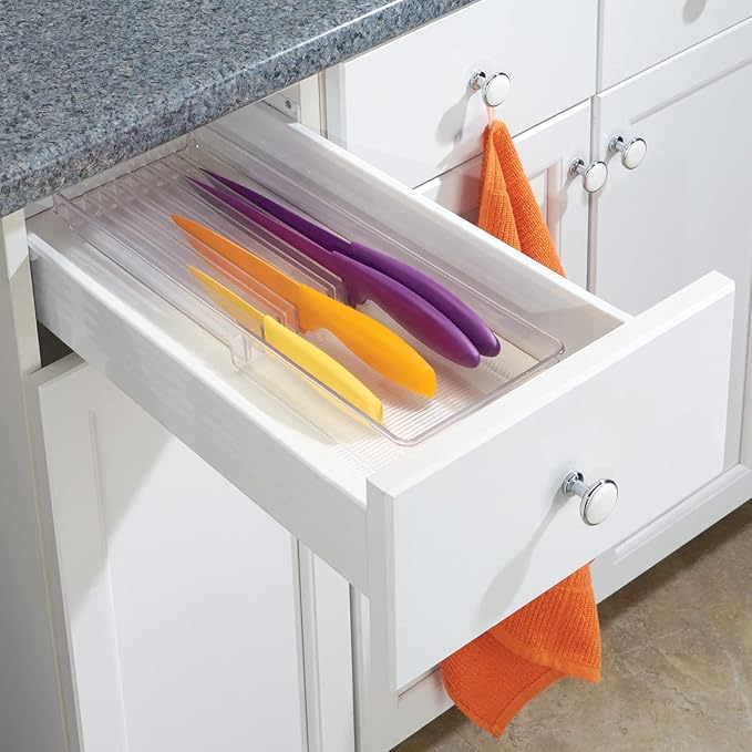 iDesign Linus Kitchen Knife Storage Drawer Organizer, Container for Countertop, Cabinet, Pantry - Clear, 16.5" x 6" x 2" - Clear-NeatNest
