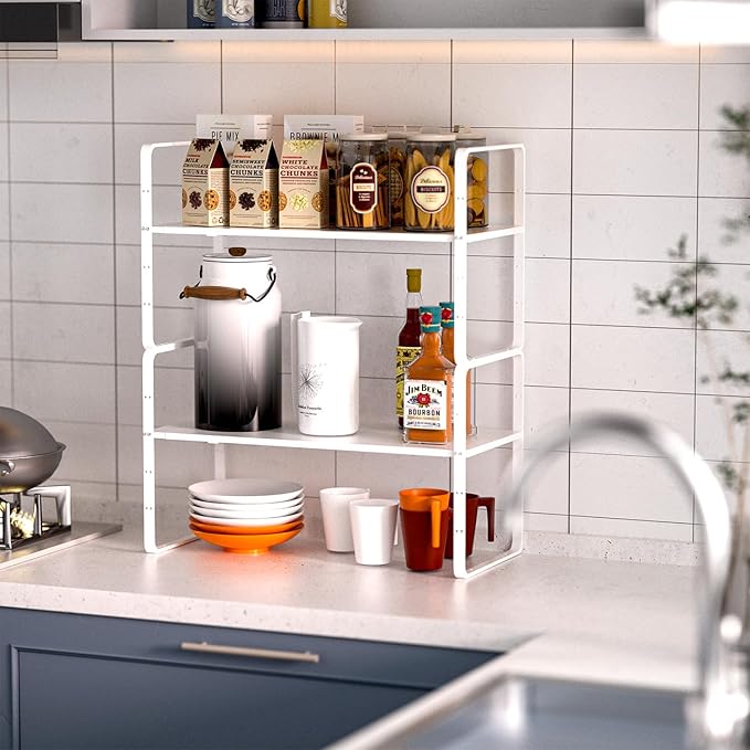 Expandable Kitchen Cabinet Shelf Organizers 2 Pack, Stackable Metal Pantry Storage Shelves Rack, Adjustable Counter Shelf for Cabinets, Countertop, Cupboard Organizers and Storage, White-NeatNest