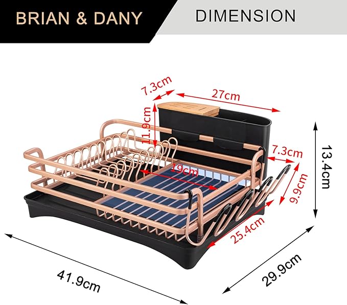 BRIAN & DANY Aluminum Dish Drying Rack, Dish Racks for Kitchen Counter, Dish Drainer with Removable Cutlery Holder & Cup Holder, Unique 360° Swivel Spout Drainboard, 16.5" L x 11.8" W, Golden