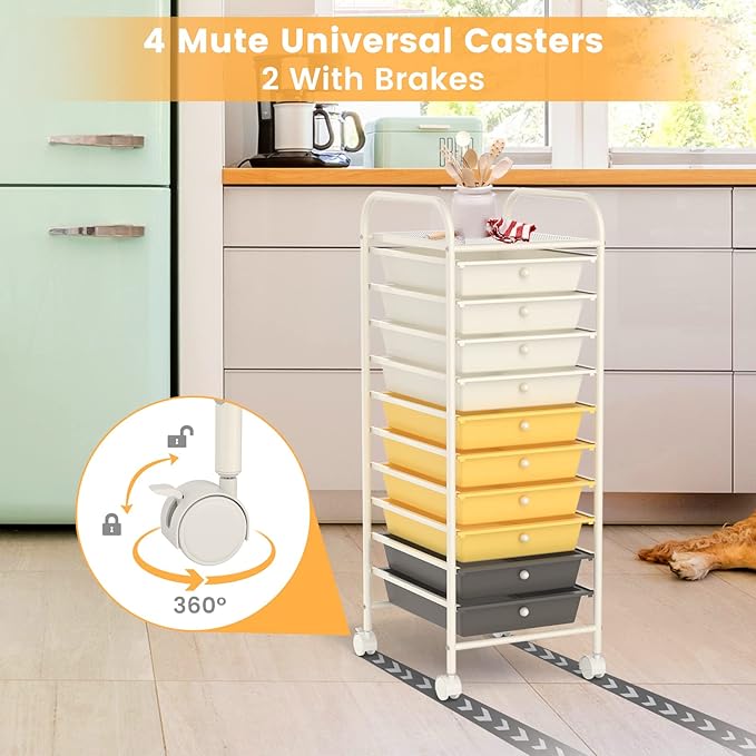 COSTWAY 10-Drawer Rolling Storage Cart, Utility Mobile Trolley with Removable Drawers & Universal Casters & 2 Brakes, Versatile Flexible Drawer Organizer Cart for Home, Office (Yellow)-NeatNest