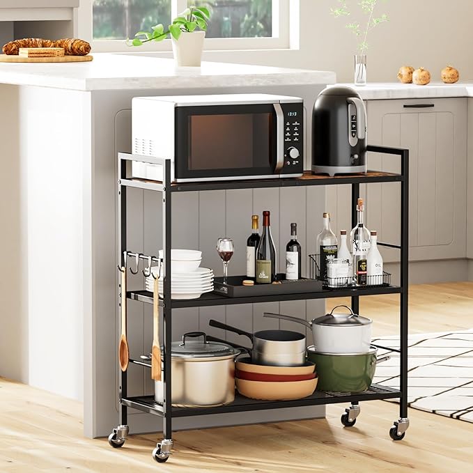 3-Tier Metal Storage Rack with Industrial Wheels,Mesh Shelving Unit with Wooden Table top,Adjustable Shelf,31.5-Inch Width, for Kitchen, Laundry,Pantry,Plant,Black