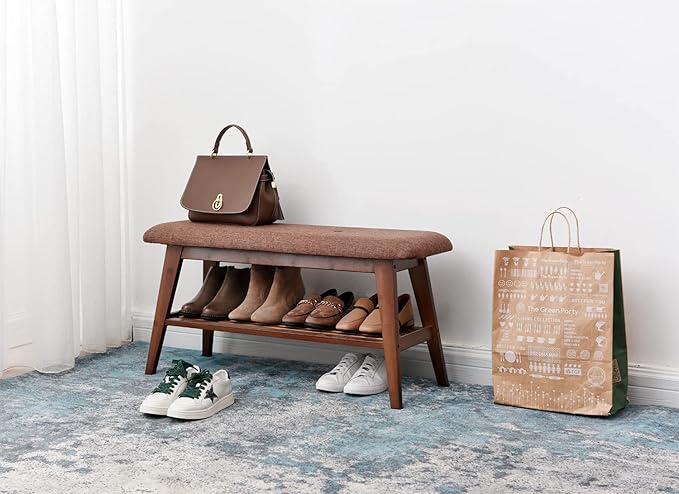 Shoe Entryway Bench, Bamboo Shoe Rack Bench, Organizer with 2 Tier Storage Simple Style Good Load Bearing, Ideal for Entryway Hallway Living Room,(Brown,35.4'')-NeatNest