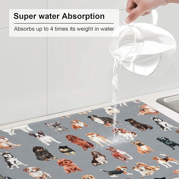 Cute Puppy Dog Dish Drying Mat 18 x 24 Inch for Kitchen Counter Cute Kitchen Mat Microfiber Kitchen Countertop Absorbent Reversible Drainer Rack Pad Dish Drying Mat-NeatNest