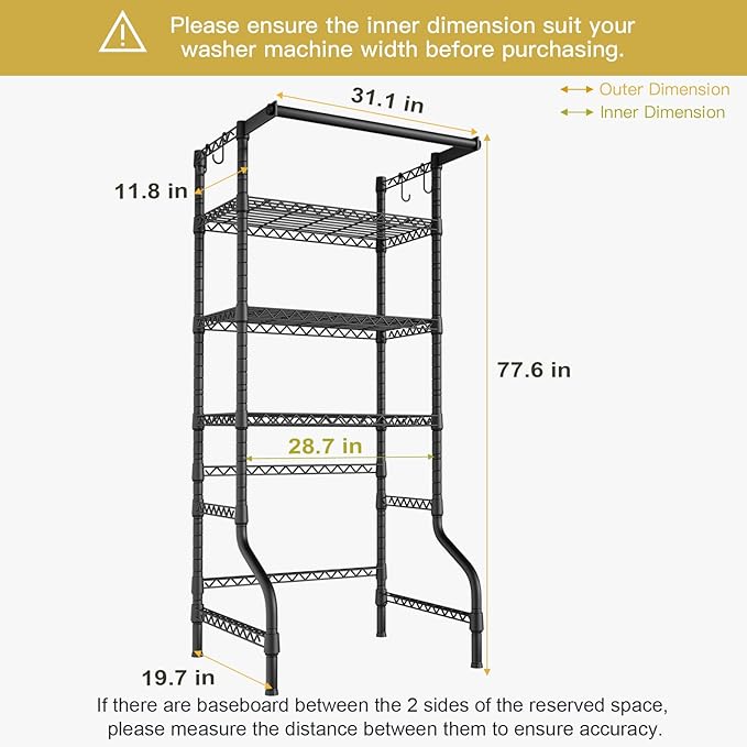 Ulif U11 Medium Over Washer and Dryer Shelves, 3 Tiers Laundry Room Storage and Organizer Standing Shelf, Metal Freestanding Clothes Drying Rack, 31.1”W x 19.7”D x 77.6”H, Black
