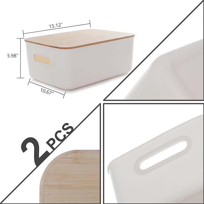 Citylife 2 PCS Storage Bins with Bamboo Lids Plastic Storage Containers for Organizing Stackable Storage Box with Handle, 15.12 x 10.67 x 5.98 inch-NeatNest