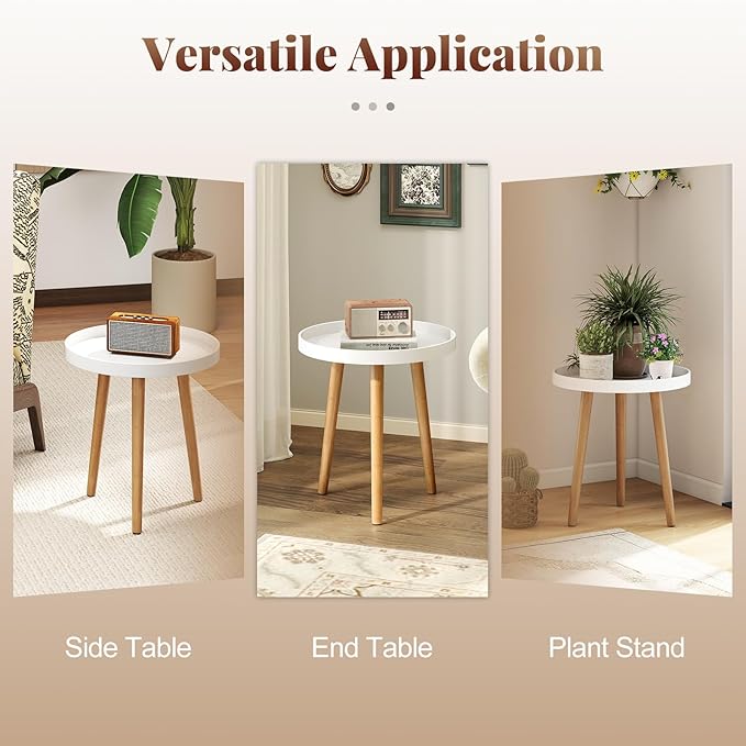 Giantex Round Side Table, End Table with Wooden Tray, Sturdy Tripod Stand & Premium Metal Connectors, Round Sofa Side Table for Living Room, Office, Bedroom Nightstand, White (1)