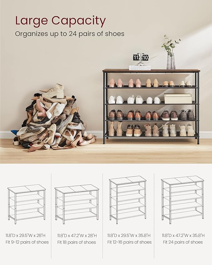 VASAGLE Shoe Rack, 5-Tier Shoe Storage Organizer for Entryway and Closet, Holds 20-24 Pairs of Shoes, 4 Fabric Shelves, Steel Frame, Industrial, Rustic Brown and Black ULBS136B01-NeatNest