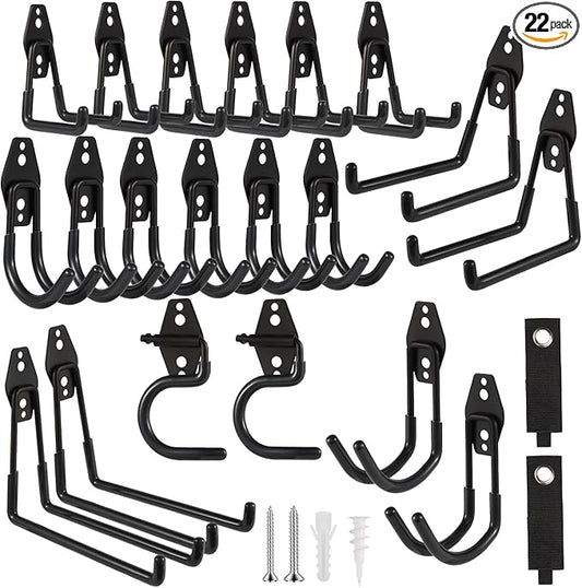 Garage Hook Heavy Duty Wall Storage Hangers, 22 Pack Garage Storage Hooks Steel Tool Black for Ladders, Ropes, Garden Tools-NeatNest