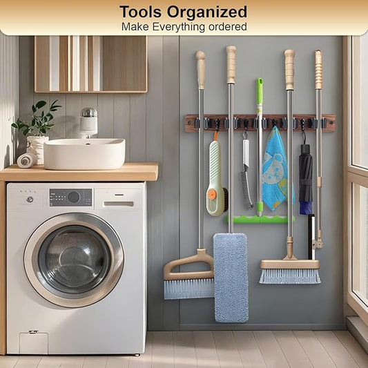 Broom Holder Wall Mount With 5 Slots & 4 Hooks，Rustic Wood Broom & Mop Hanger，Wall Mounted Garden & Garage Tool Storage Organizer Rack for Closet Laundry Room or Kitchen Wall Decor-NeatNest