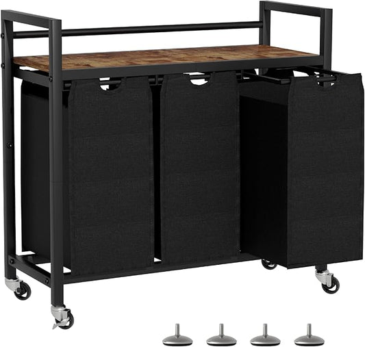 Laundry Hamper, Laundry Basket, Laundry Sorter with 3 Removable Bags, Clothes Basket with 3 Compartments, Wheels, Shelf for Laundry Room Bathroom Bedroom (3 Bags-Black)-NeatNest