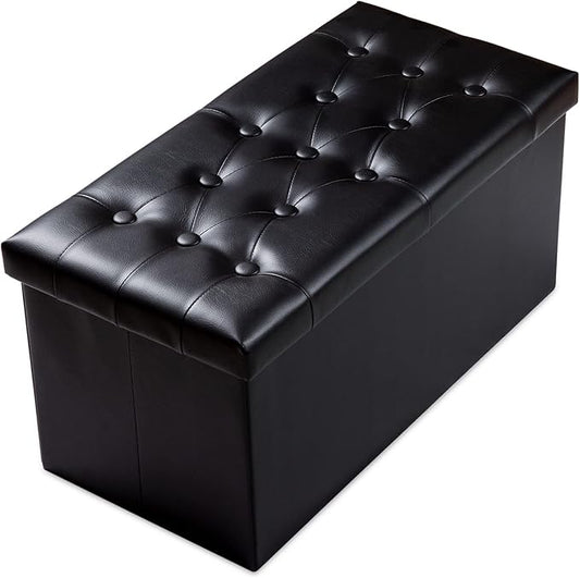 PRANDOM Extra Large Ottoman with Storage [1-Pack] Faux Leather Folding Small Square Foot Stool with Lid for Living Room Bedroom Coffee Table Dorm Black 30.5x15x15 inches-NeatNest