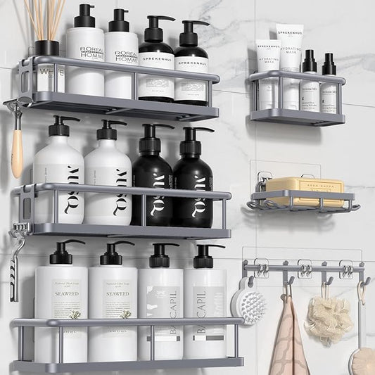 YASONIC Shower Caddy, 6 Pack Large Capacity shower Organizer with Soap Holder and 12 Hooks, Rustproof Shower Shelves for Inside Shower, No Drilling&Sleek Bathroom Organizers and Storage Grey-NeatNest