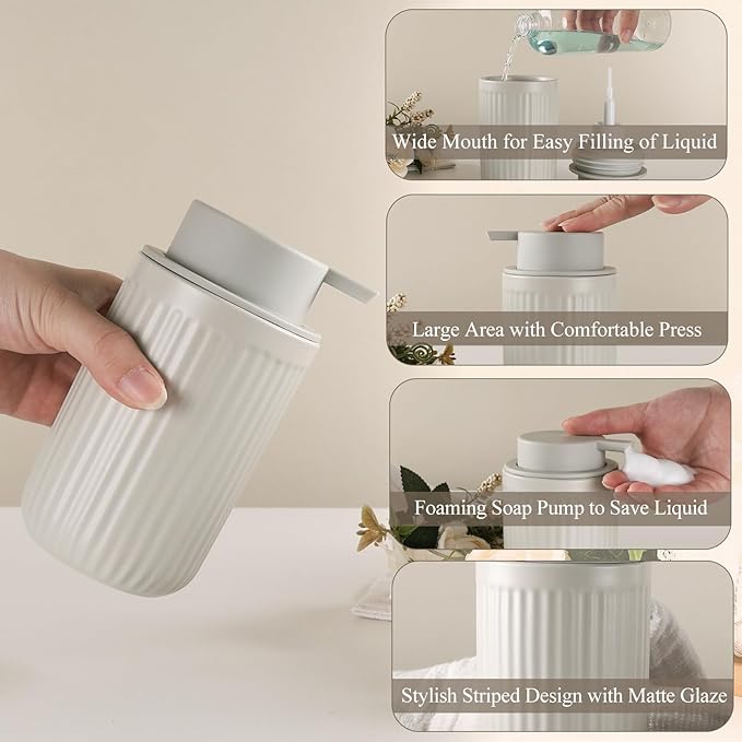 BosilunLife Foaming Soap Dispenser Set - Grey Ceramic Foam Hand Soap Dispenser 12oz with Rust Proof Pump, Easy Pressing & Refillable,4Pcs Clear Stickers for Kitchen, Bathroom - 2 Pack-NeatNest