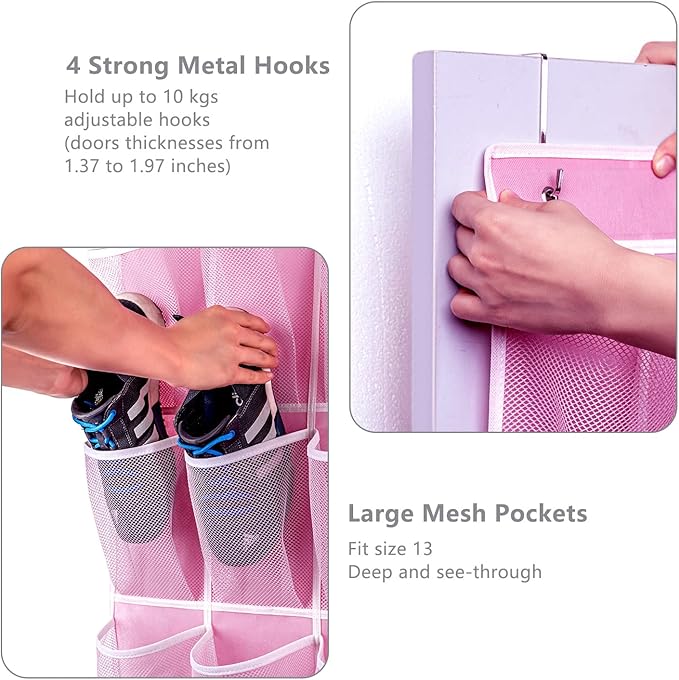 KEEPJOY 28 Pocket Over The Door Shoe Organizer, 2Pack Hanging Shoe Organizer for Door, Hanging Door Shoe Holder Rack with Mesh Pockets Large Size 65 x 23 inch (Pink-2Pack)-NeatNest
