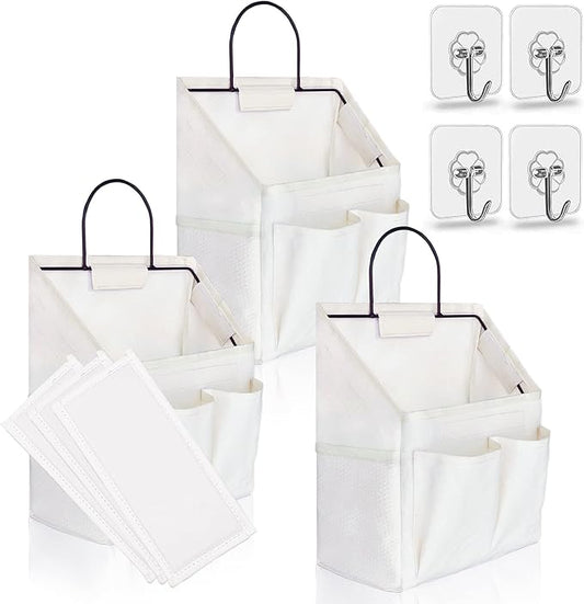 3pcs Small Wall Hanging Organizer Bag, Linen Fabric Door Hanging Storage Basket with Pockets, Waterproof Bin for Kitchen, Bedroom, Office, RV Camper (White)