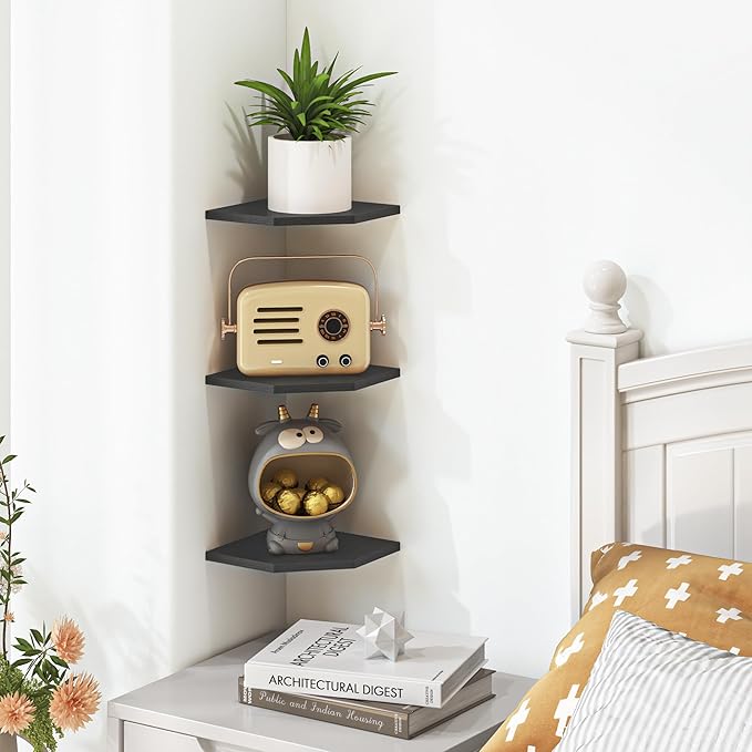 Corner Shelf Wall Mount, Floating Corner Shelves, Set of 3 Corner Wall Shelf Organizer, Rustic Wood Wall Storage Display Shelves for Living Room Bedroom Bathroom Kitchen, Classic Black-NeatNest