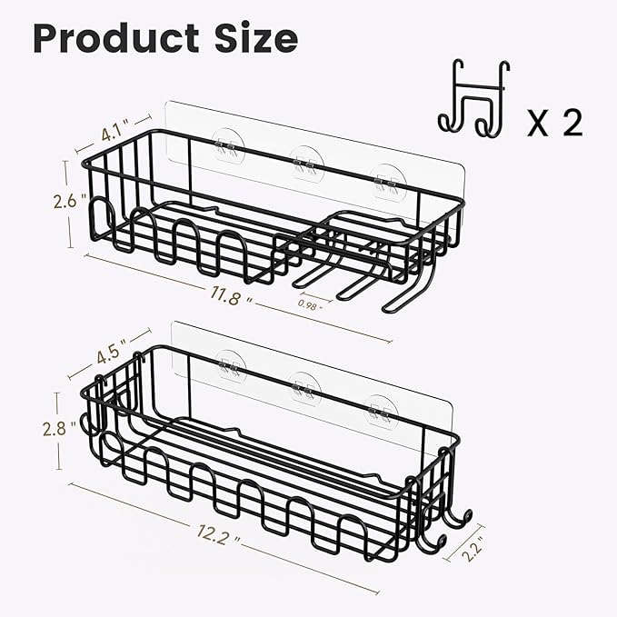 Adhesive Shower Caddy: 2 Bonus Hooks, 4-Pack Wall Mounted Bathroom Storage Shelf, Rustproof Metal Basket Organizer for Kitchen & Bathroom No Drill Black