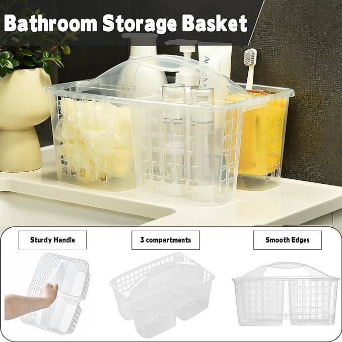 Haundry Plastic Shower Caddy Basket with 3 Compartments, Portable Divided Cleaning Supply Storage Organizer with Handle (Clear)-NeatNest