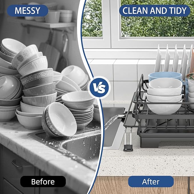 Extendable Dish Racks 16.3"-21.6" L x 16.7" W,Stainless Steel Dish Drying Rack for Kitchien Counter, Anti-Rust Dish Strainer with Cutlery Holder