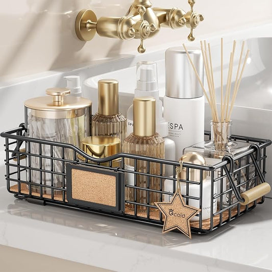 Bathroom Organizer Basket with Handle, Home Decor Organizers - Bathroom Organizers and Storage - Exquisite Vanity Organizer for Skincare - Bathroom Counter Tray for Organizing - Black-NeatNest