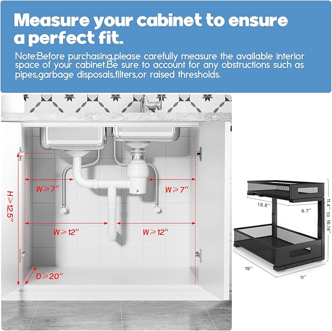 2 Pack 19IN Depth Under Sink Storage Organizer, Large 2-Tier Elegant Mesh Pull Out Shelf for Kitchen and Bathroom Cabinet Organization, L-Shaped and Adjustable Height Design-Black-NeatNest