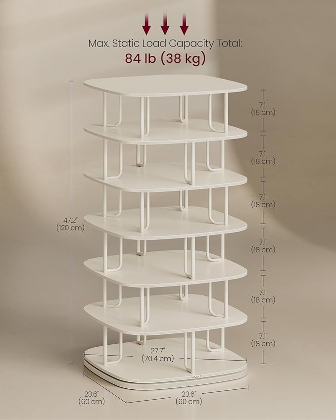 VASAGLE 7-Tier Shoe Rack, Rotating Shoe Rack Tower, Shoe Closet Organizer, Shoe Shelf, 28-35 Pairs, 23.6 x 23.6 x 47.2 Inches, for Entryway, Living Room, Closet, Cream White ULBS041W01-NeatNest